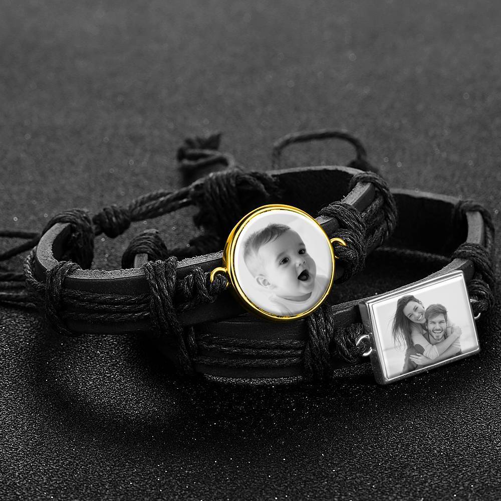Photocopying Black Leather Round-shaped Photo Bracelet 14K Gold Plated
