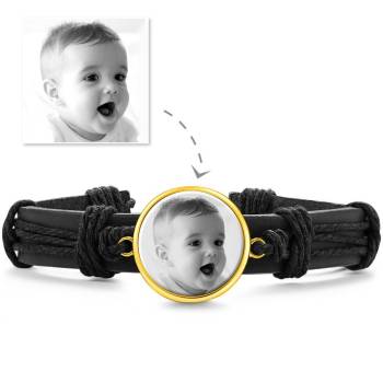 Photocopying Black Leather Round-shaped Photo Bracelet 14K Gold Plated