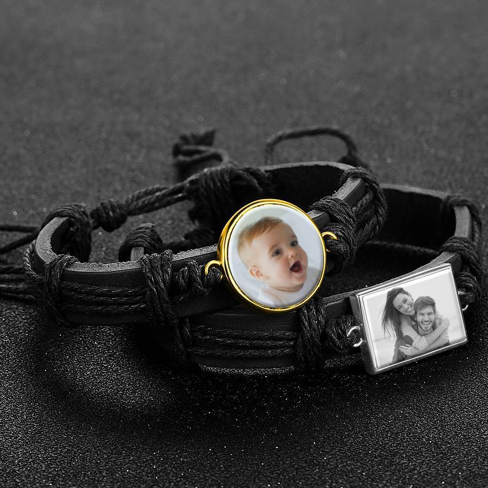 Colorful Black Leather Round-shaped Photo Bracelet 14K Gold Plated