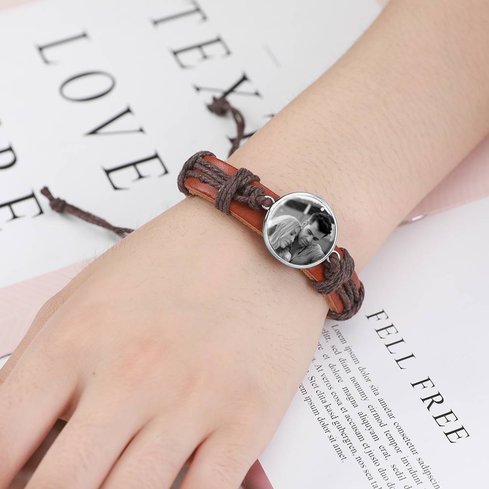Photocopying Brown Leather Round-shaped Photo Bracelet Silver Plated