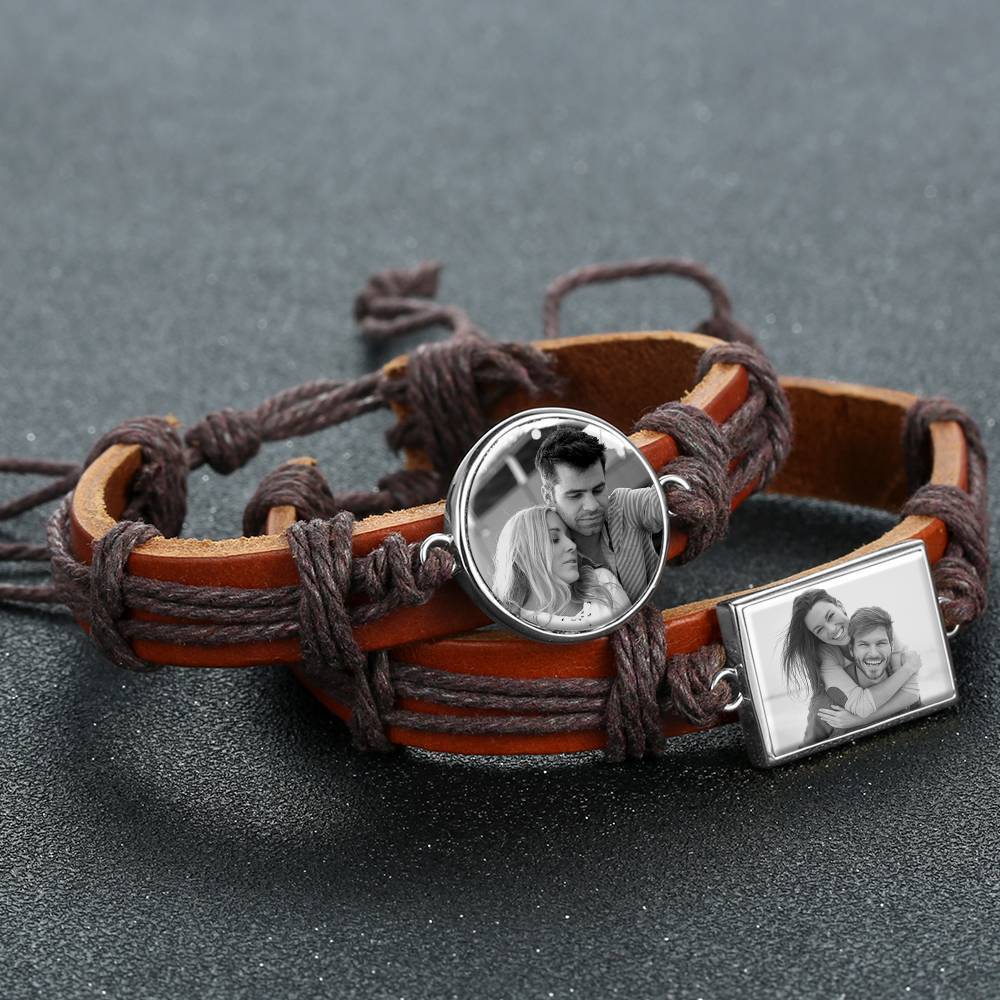 Photocopying Brown Leather Round-shaped Photo Bracelet Silver Plated