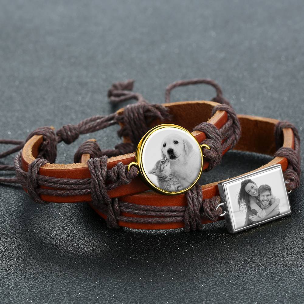 Photocopying Brown Leather Round-shaped Photo Bracelet 14K Gold Plated