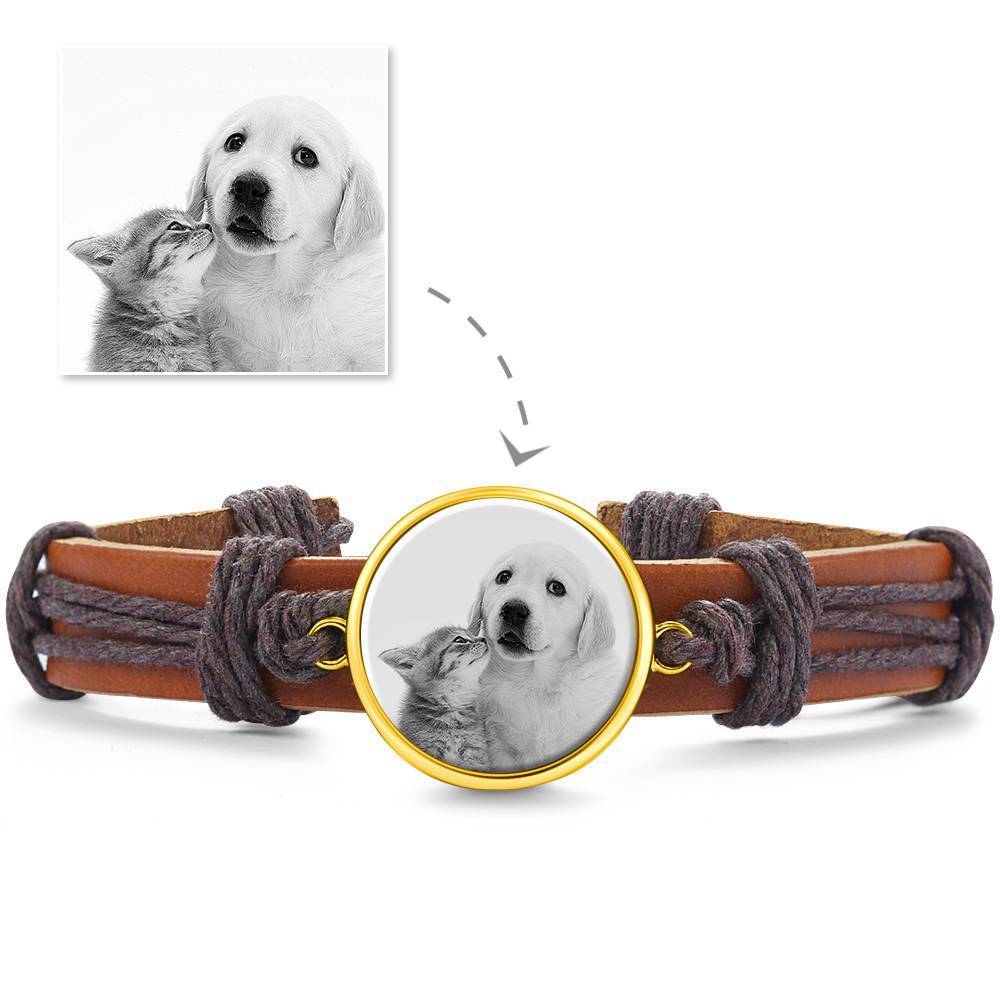 Photocopying Brown Leather Round-shaped Photo Bracelet 14K Gold Plated