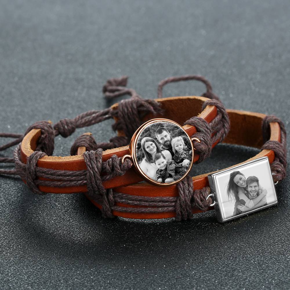 Photocopying Brown Leather Round-shaped Photo Bracelet Rose Gold Plated