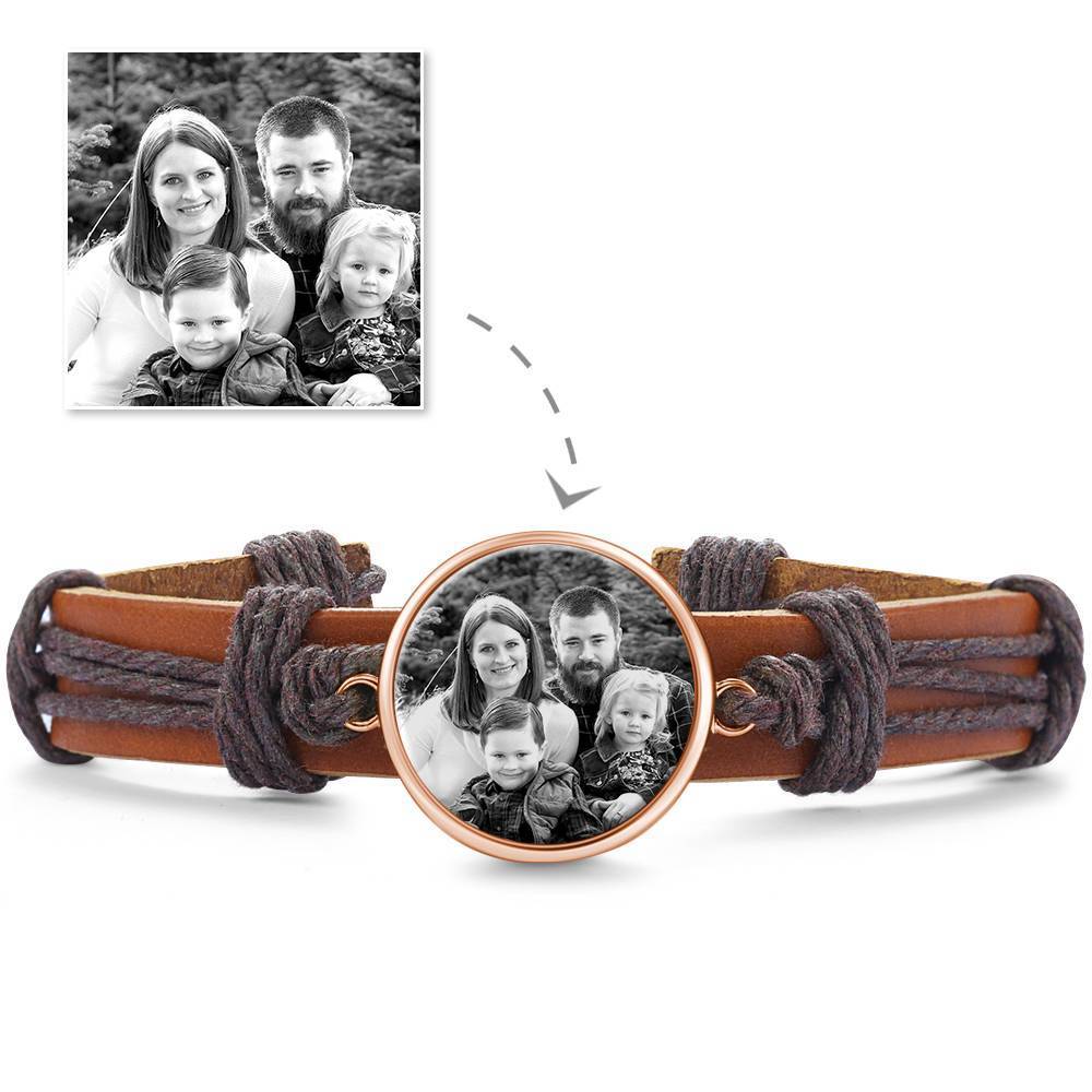 Photocopying Brown Leather Round-shaped Photo Bracelet Rose Gold Plated