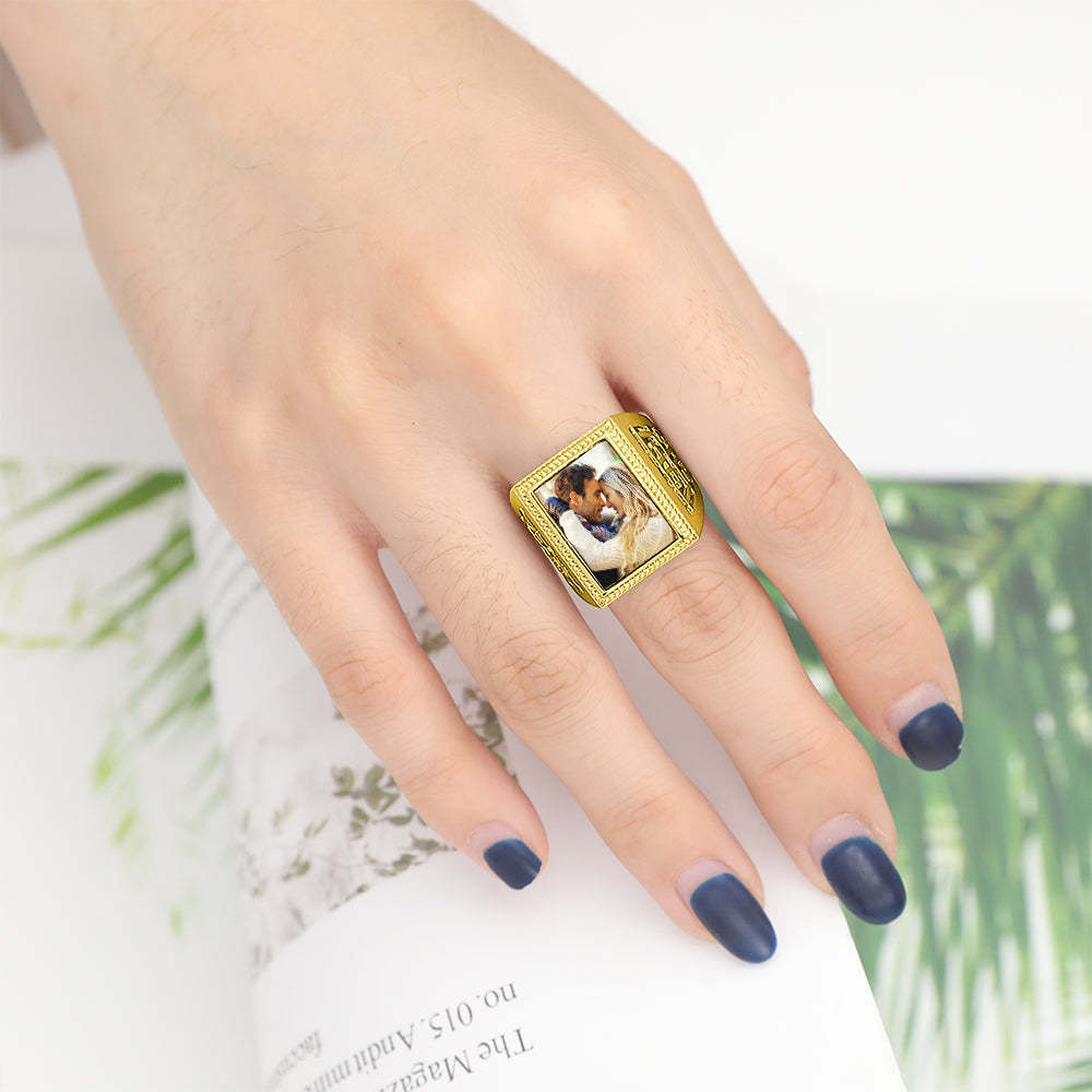 Custom Photo Ring Square Photo with Hollow Rose Gold Plated Gifts