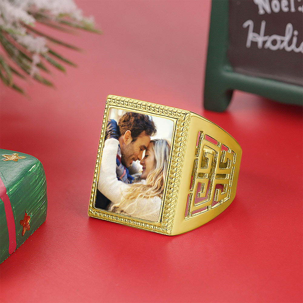 Custom Photo Ring Square Photo with Hollow Rose Gold Plated Gifts