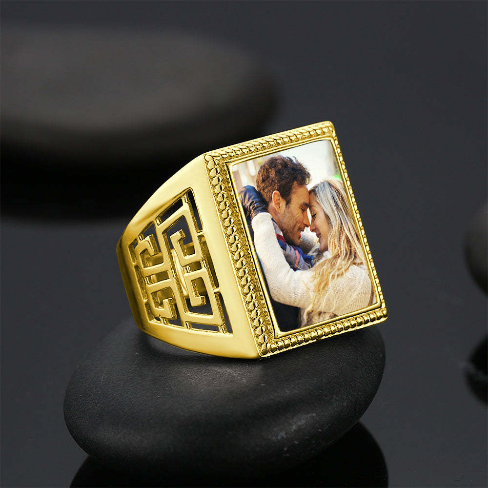 Custom Photo Ring Square Photo with Hollow Rose Gold Plated Gifts