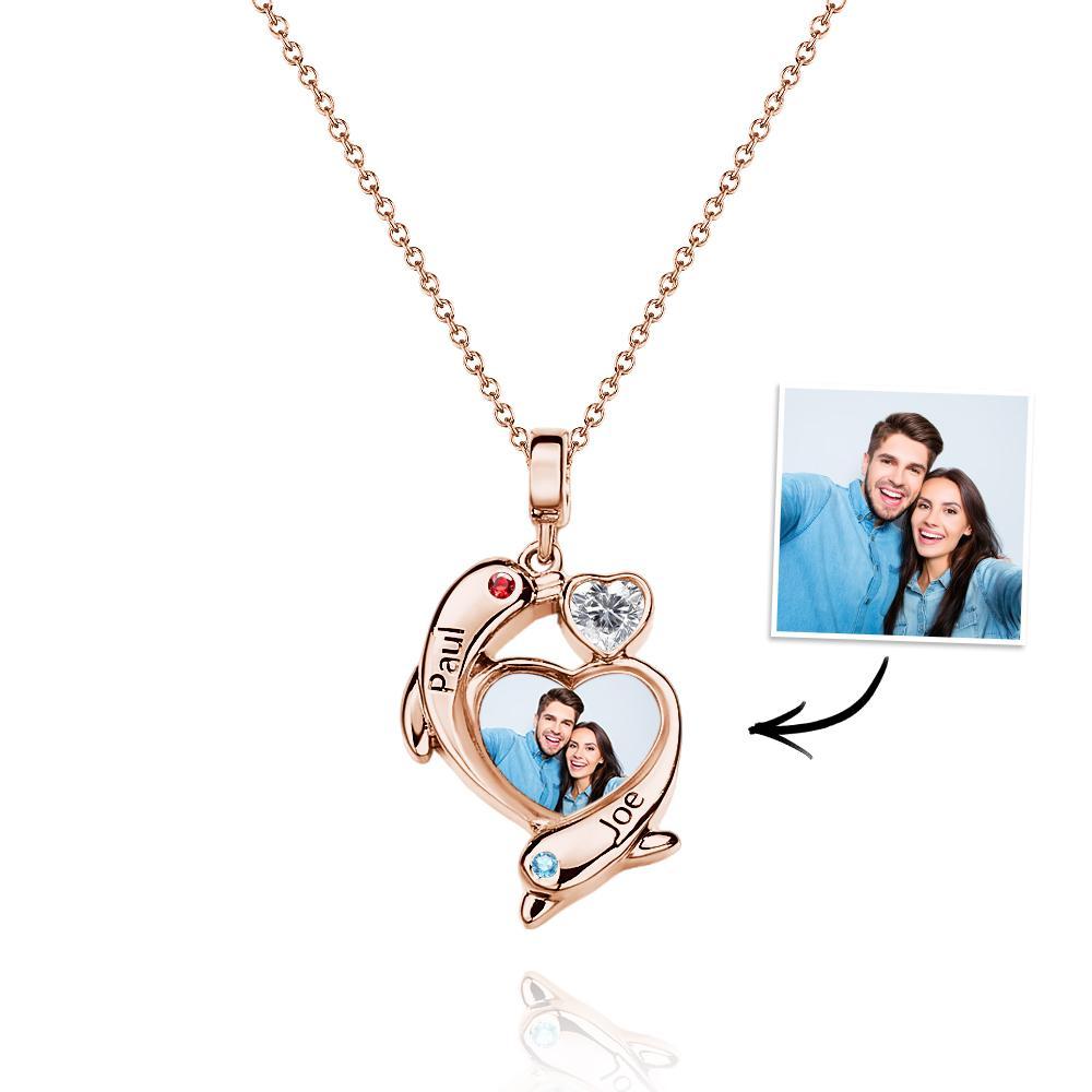 Personalized Photo Dolphin Birthstone Necklace Valentine's Day Gifts For Couples - NameNecklace