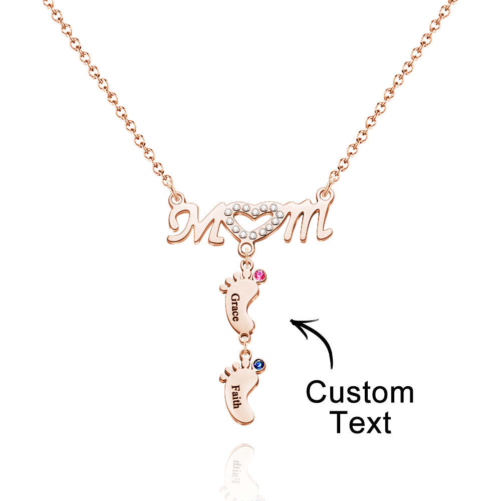 Mother's Necklace With Small Custom Name & Birthstone Baby Foot Charms - NameNecklace
