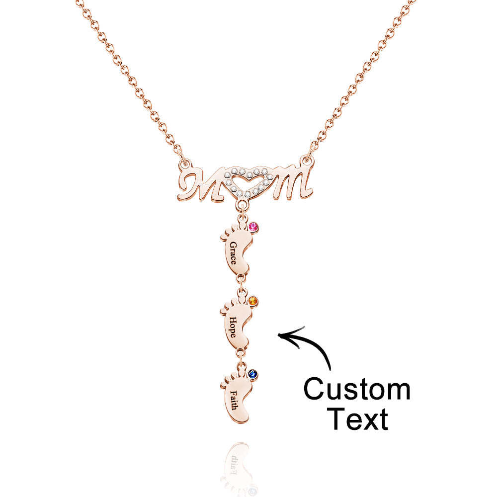 Mother's Necklace With Small Custom Name & Birthstone Baby Foot Charms - NameNecklace