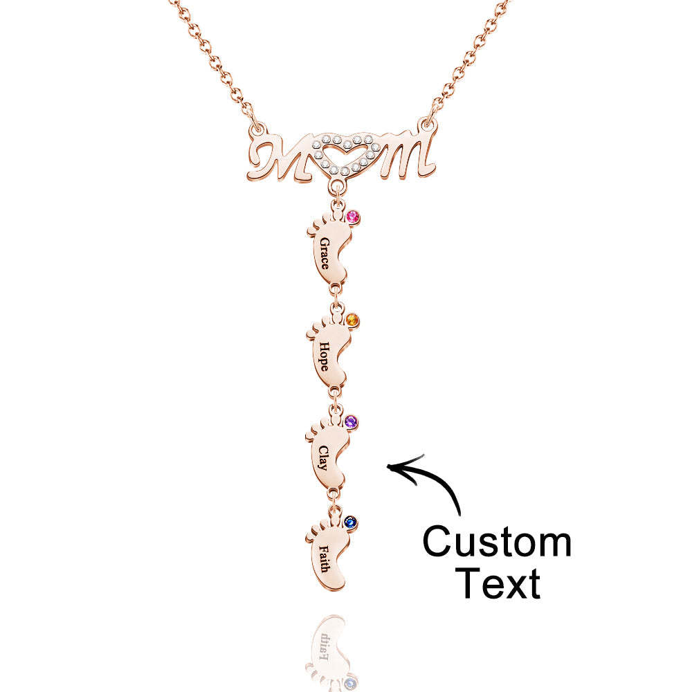 Mother's Necklace With Small Custom Name & Birthstone Baby Foot Charms - NameNecklace