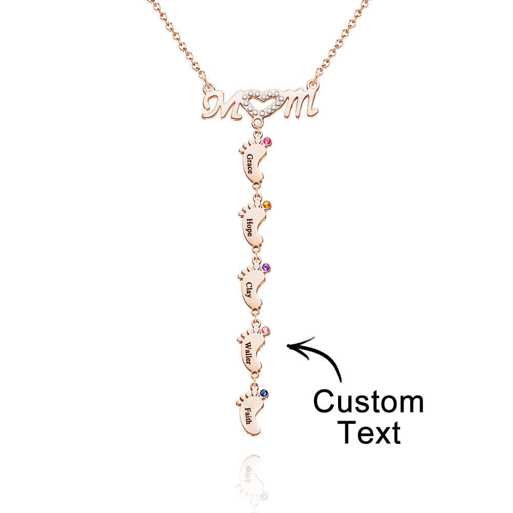 Mother's Necklace With Small Custom Name & Birthstone Baby Foot Charms - NameNecklace