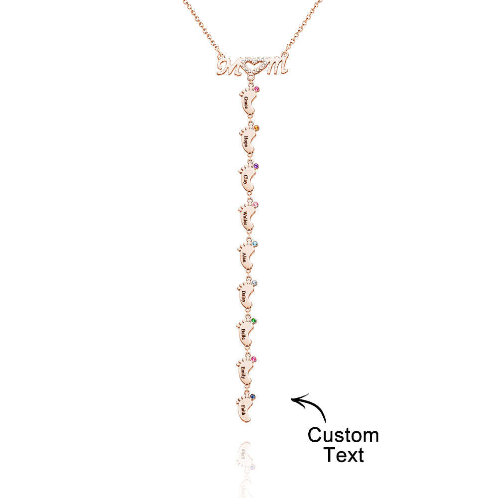 Mother's Necklace With Small Custom Name & Birthstone Baby Foot Charms - NameNecklace