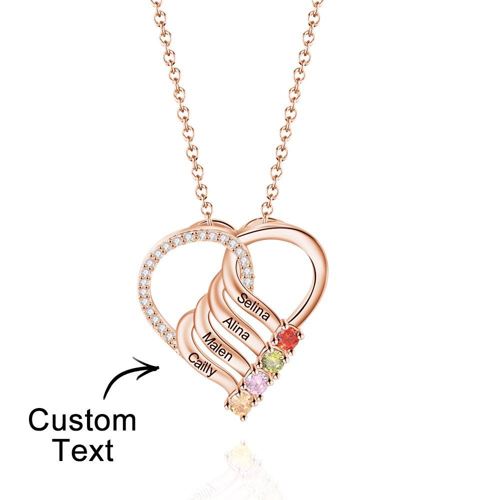 Engraved Name 2-5 Birthstones Heart Necklace Personalized Family Heart Pendant Mother Necklace Gift - NameNecklace