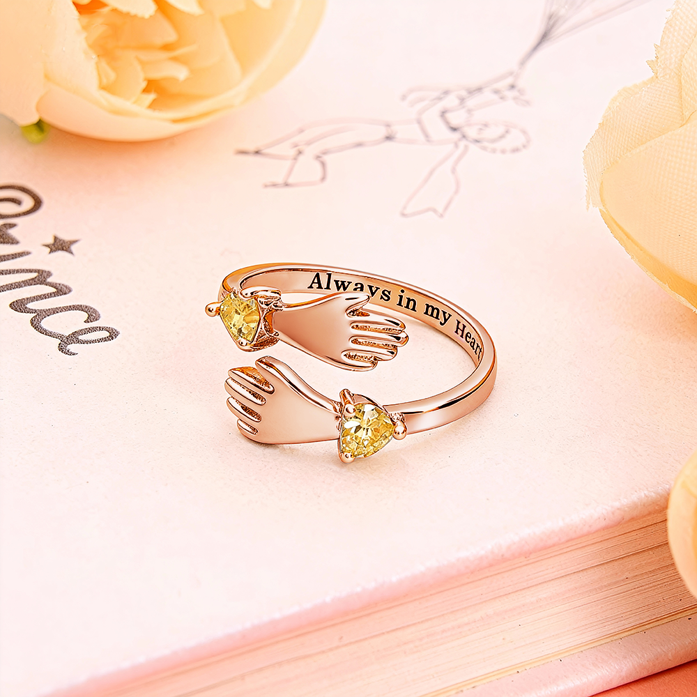 Grandma and Granddaughter Hands Ring – Two Hands Embrace Design with Personalized Birthstones