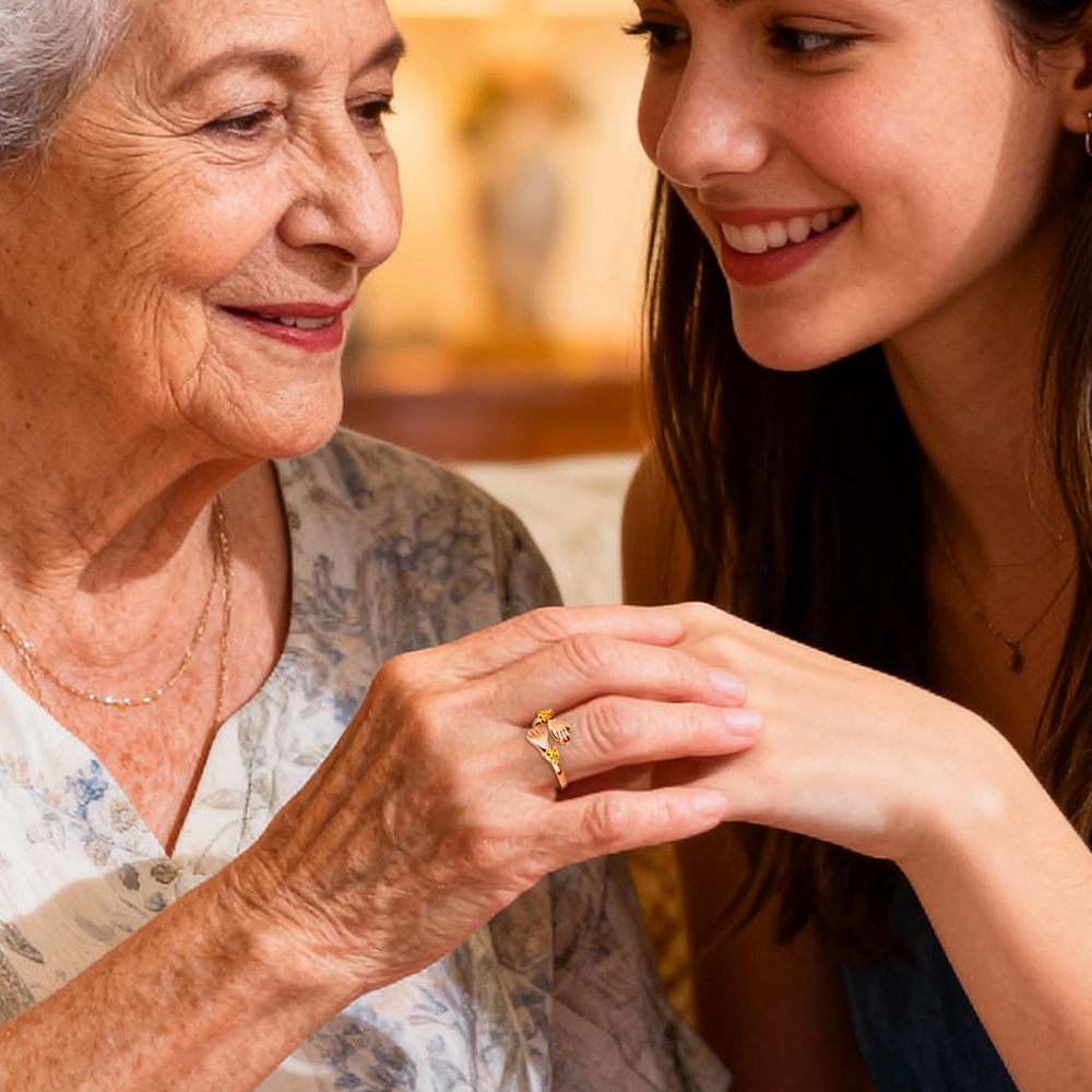Grandma and Granddaughter Hands Ring – Two Hands Embrace Design with Personalized Birthstones