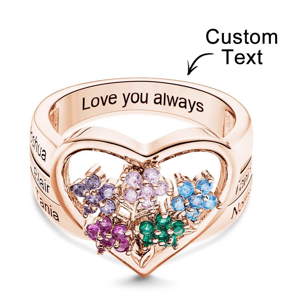 Custom Birthstone Engraved Rings Creative Flowers Rose Gold Gifts - NameNecklace
