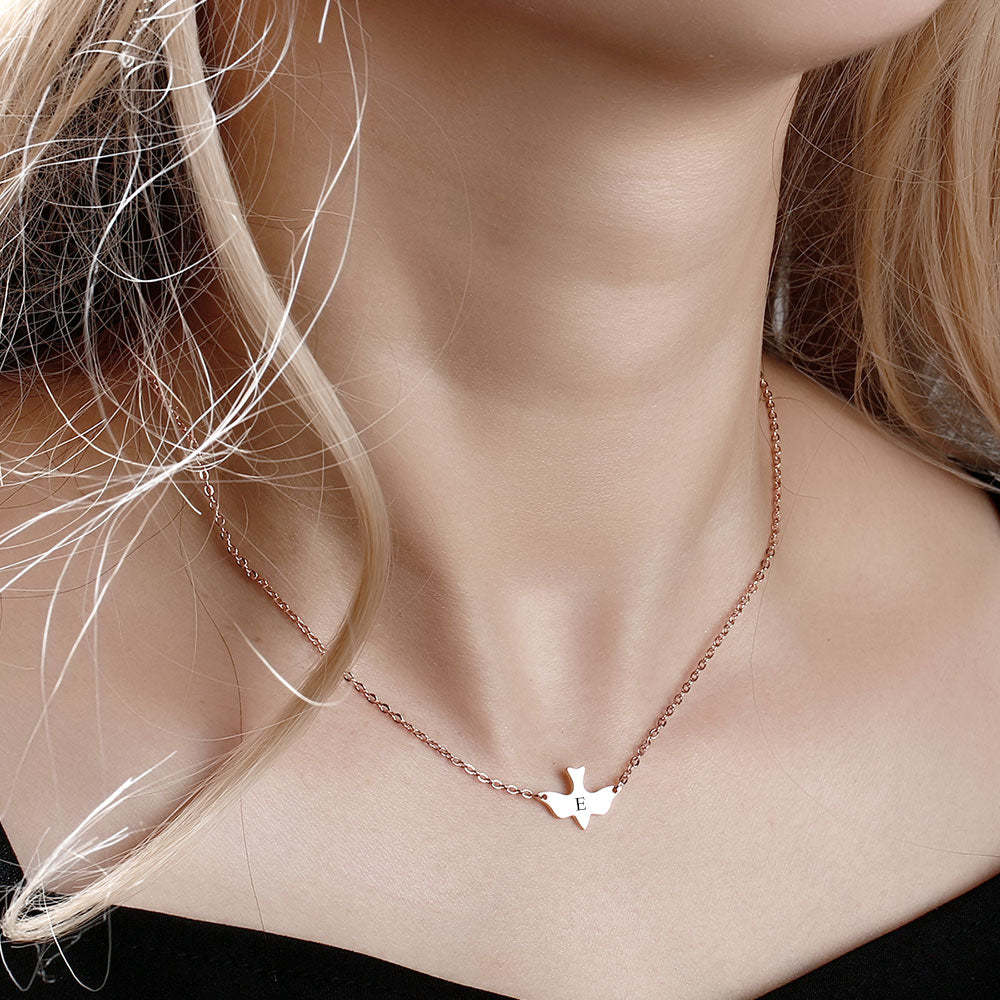 Initial Bird Engraved Necklace Rose Gold Plated