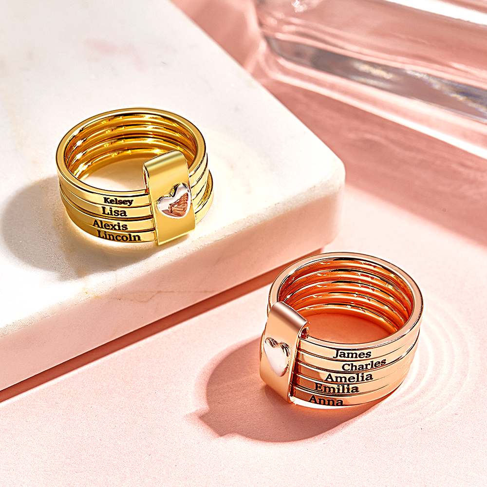 Personalized Stackable Name Rings with Heart Custom Family Name Jewelry Custom Engraved Name Rings Family Name Stackable Rings