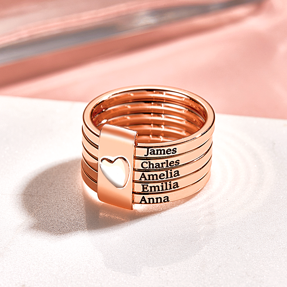 Personalized Stackable Name Rings with Heart Custom Family Name Jewelry Custom Engraved Name Rings Family Name Stackable Rings