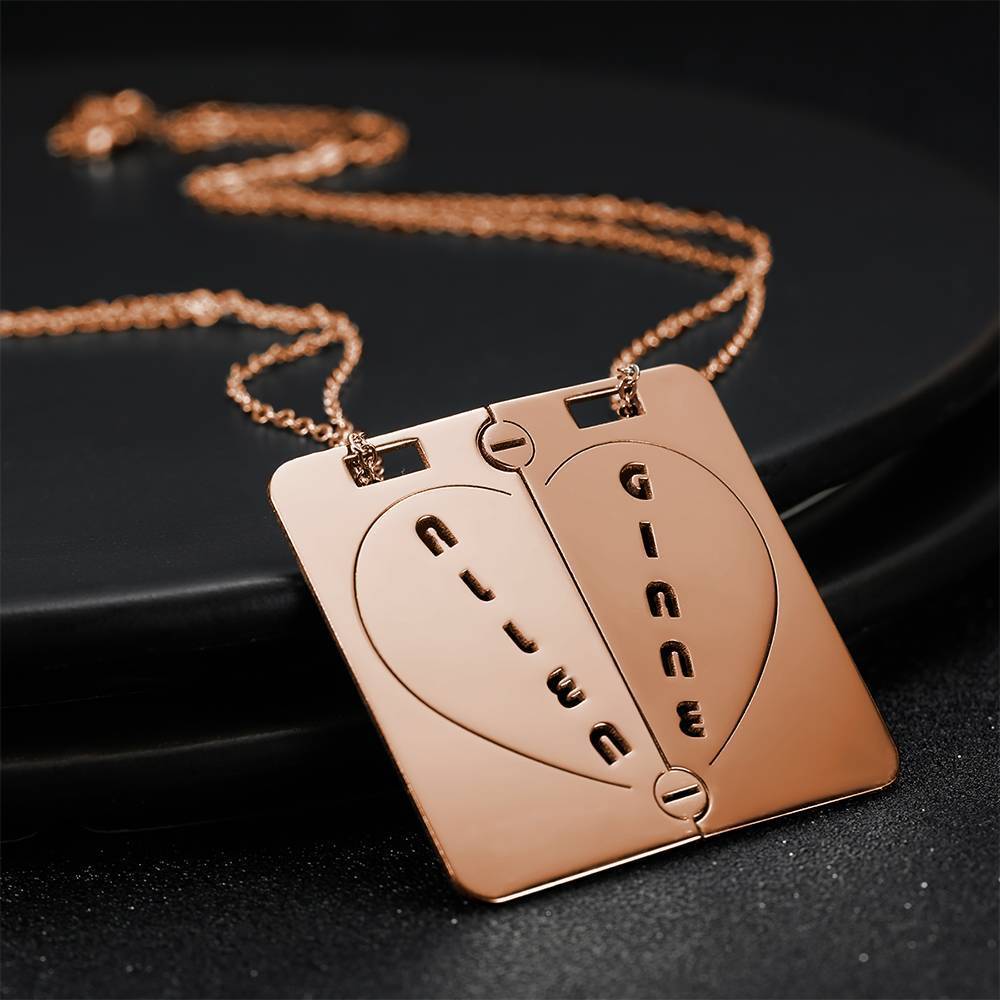 Personalized Couples Necklace Broken Heart Name Necklace Rose Gold