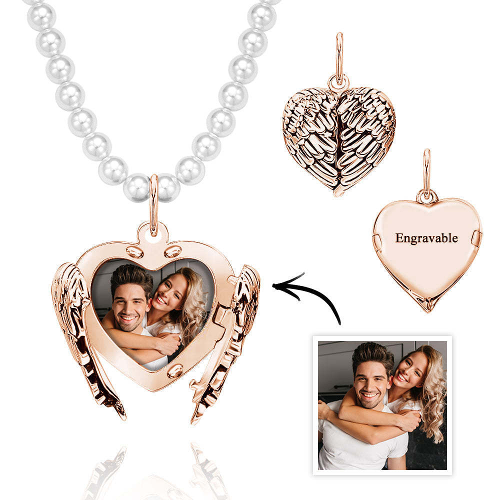Custom Photo Necklace Angel Wings Pearl Couple Gift - NameNecklace