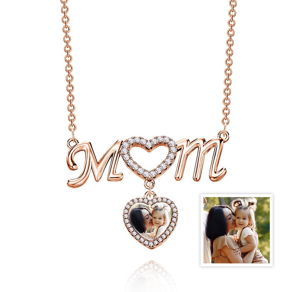 MOM Photo Necklace Personalized Diamond Heart Splice Memory Picture Pendant Gifts For Her - NameNecklace