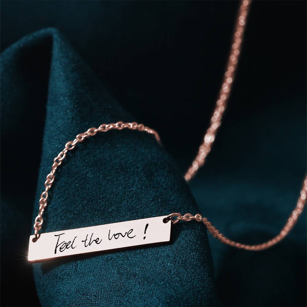 Custom Actual Handwriting Photo Necklace, Engraved Handwriting Bar Necklace Copper in Rose Gold Plated