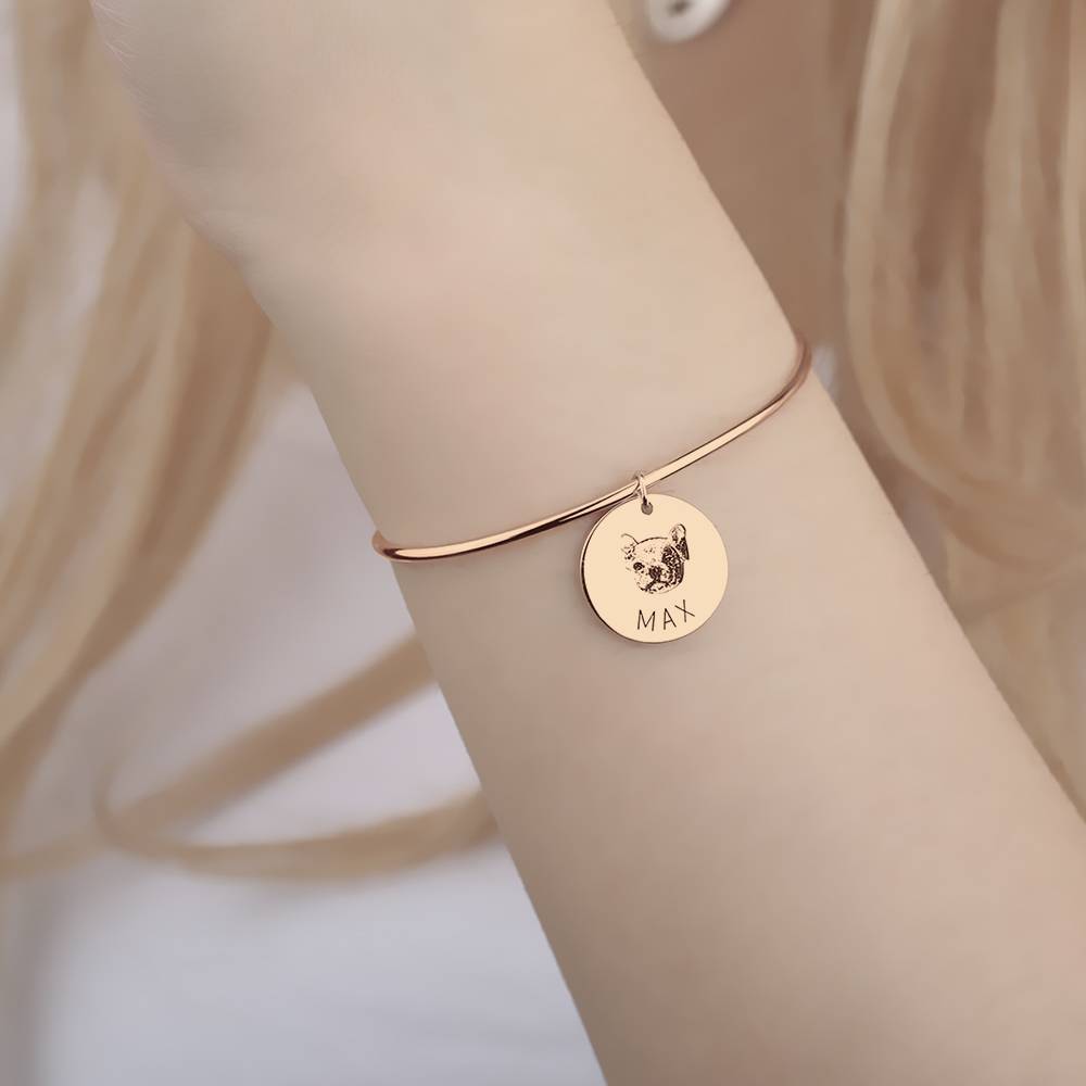 Portrait Photo Bangle with Engraving Round Shape Rose Gold Plated