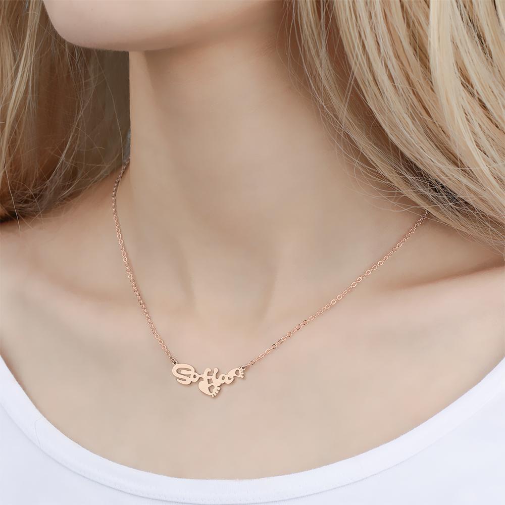 Personalized Name Necklace With Heart Footprint Rose Gold Plated
