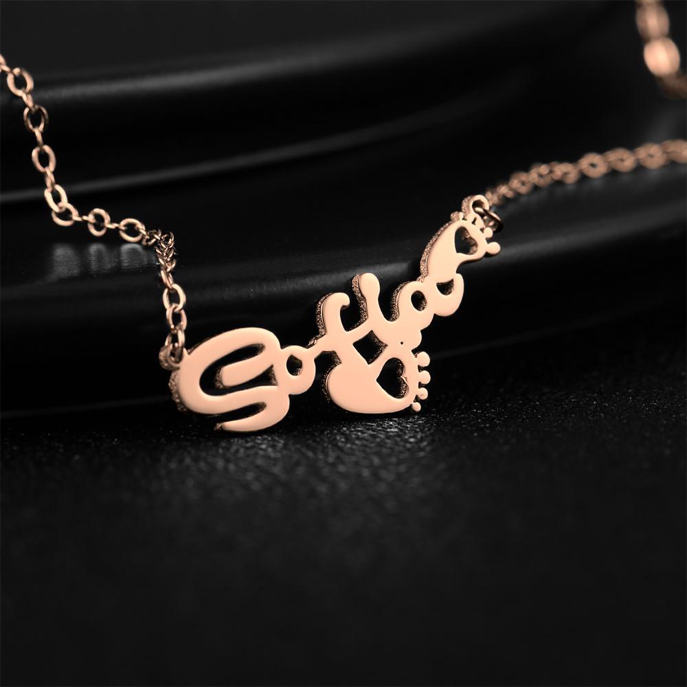 Personalized Name Necklace With Heart Footprint Rose Gold Plated