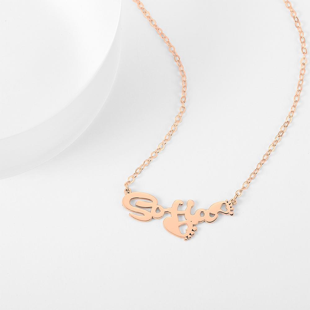 Personalized Name Necklace With Heart Footprint Rose Gold Plated