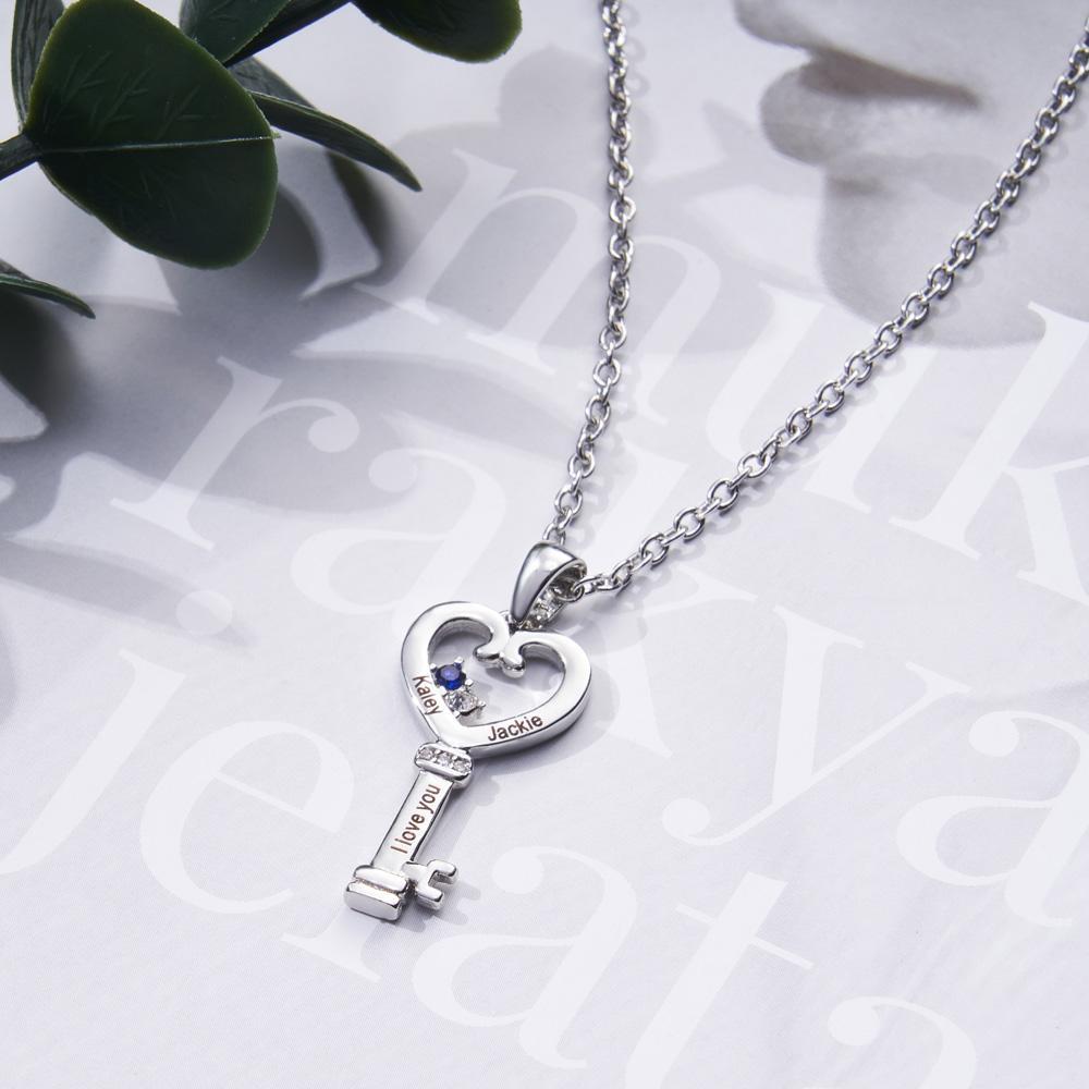 Personalized Key Diamonds Necklace With Text Love Heart Pendant Gift For Her - NameNecklace