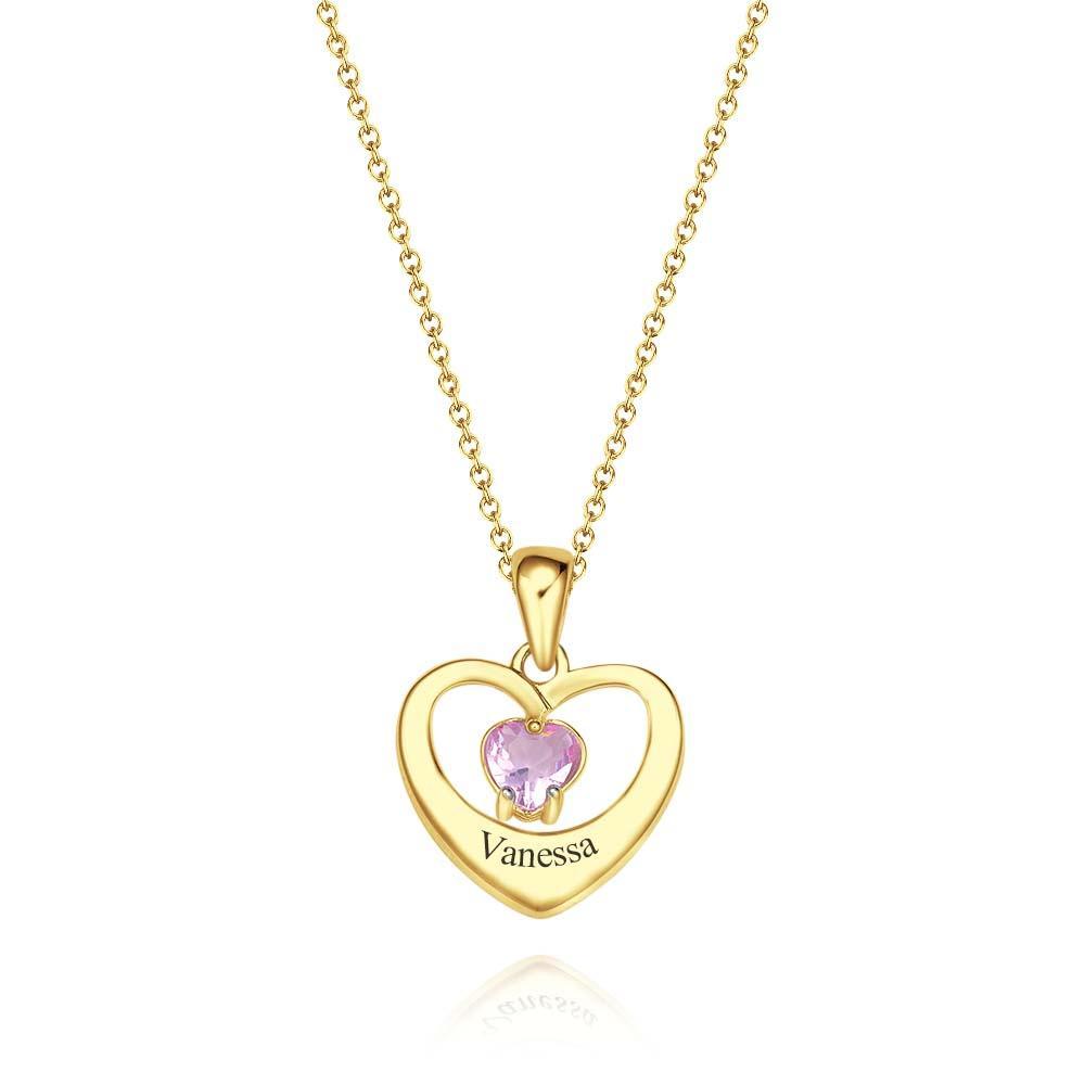 Personalized Birthstone Necklace With Text Hollow Cut Heart Pendant Gifts For Her - NameNecklace