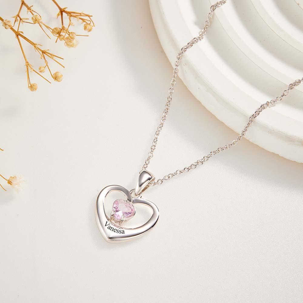 Personalized Birthstone Necklace With Text Hollow Cut Heart Pendant Gifts For Her - NameNecklace