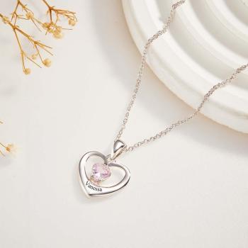 Personalized Birthstone Necklace With Text Hollow Cut Heart Pendant Gifts For Her - NameNecklace