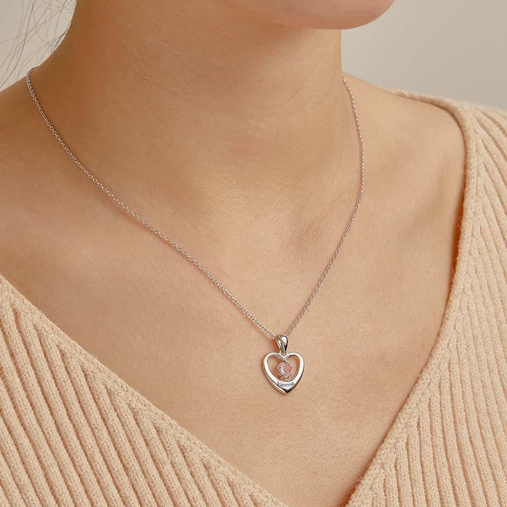 Personalized Birthstone Necklace With Text Hollow Cut Heart Pendant Gifts For Her - NameNecklace
