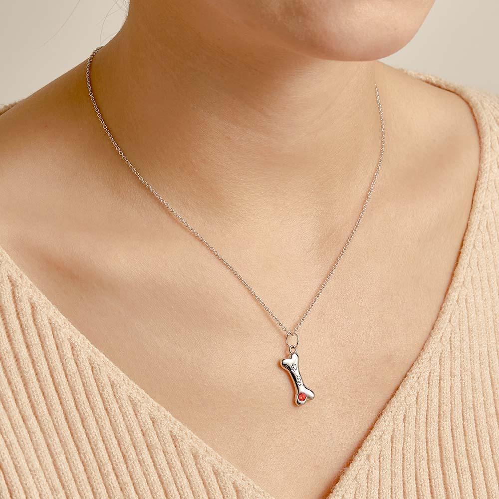 Engravable Bone Necklace With Birthstone Custom Pet Paw Pendant Gift For Pet Lovers - NameNecklace