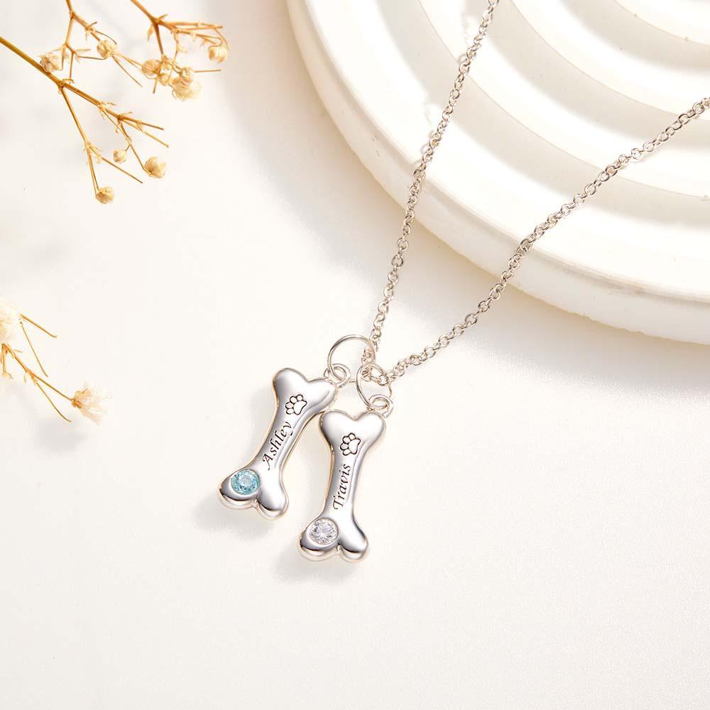 Engravable Bone Necklace With Birthstone Custom Pet Paw Pendant Gift For Pet Lovers - NameNecklace