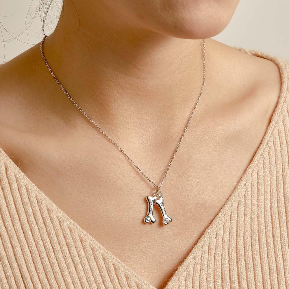 Engravable Bone Necklace With Birthstone Custom Pet Paw Pendant Gift For Pet Lovers - NameNecklace