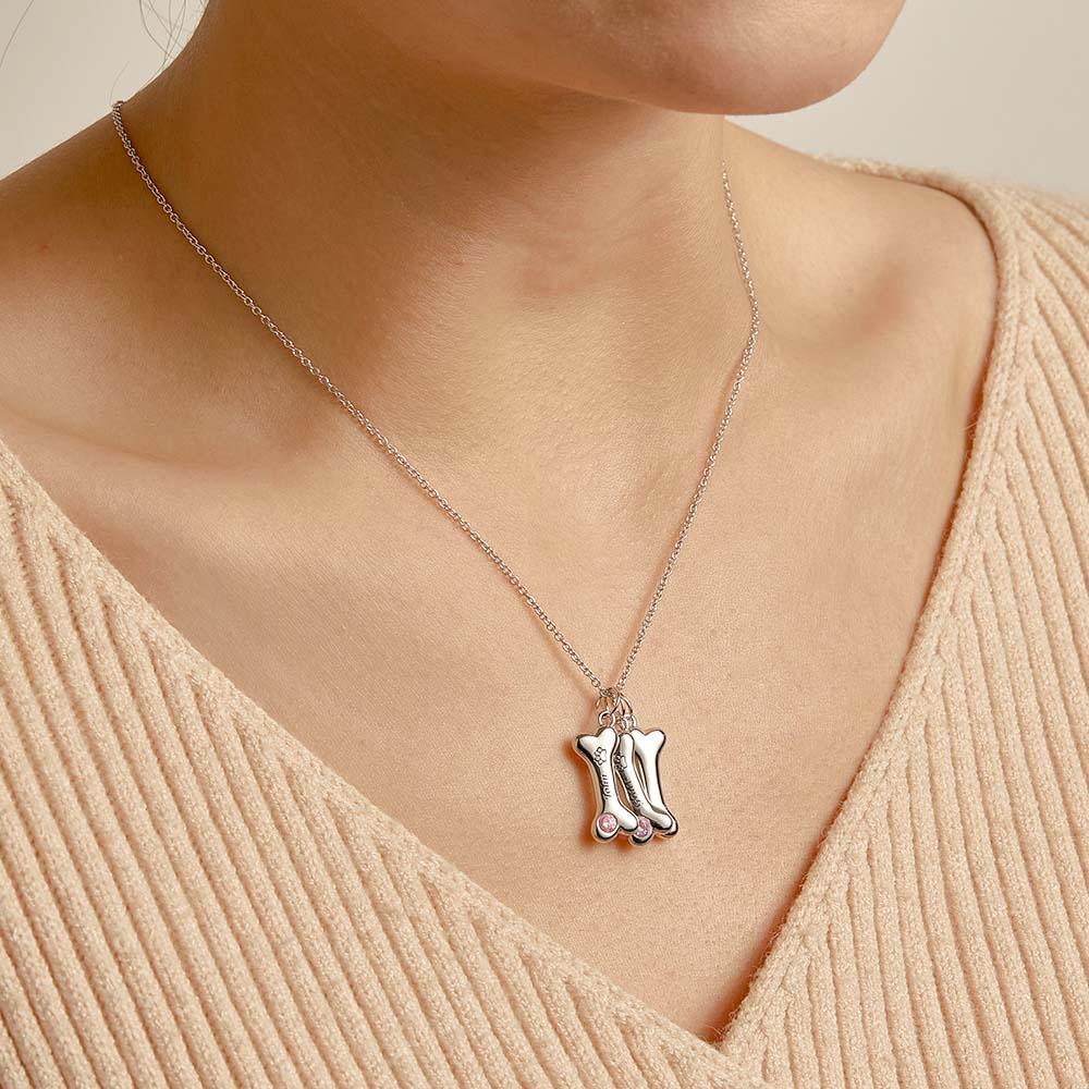Engravable Bone Necklace With Birthstone Custom Pet Paw Pendant Gift For Pet Lovers - NameNecklace