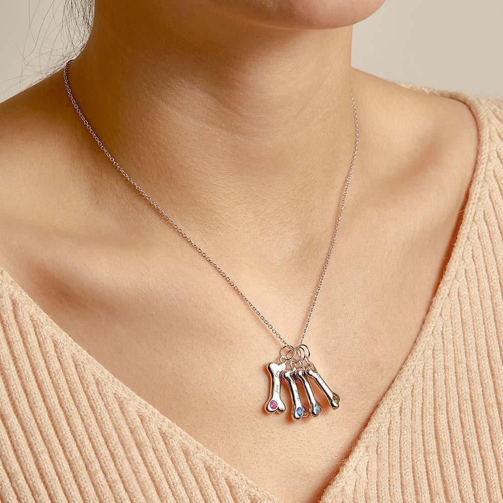 Engravable Bone Necklace With Birthstone Custom Pet Paw Pendant Gift For Pet Lovers - NameNecklace