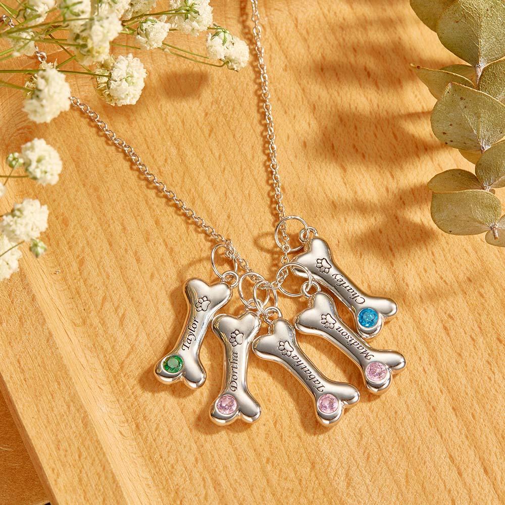 Engravable Bone Necklace With Birthstone Custom Pet Paw Pendant Gift For Pet Lovers - NameNecklace