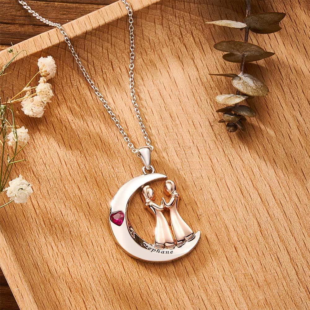 Personalized Heart Birthstone Necklace Engraved Moon Sweet Girls Jewelry For Friends - NameNecklace