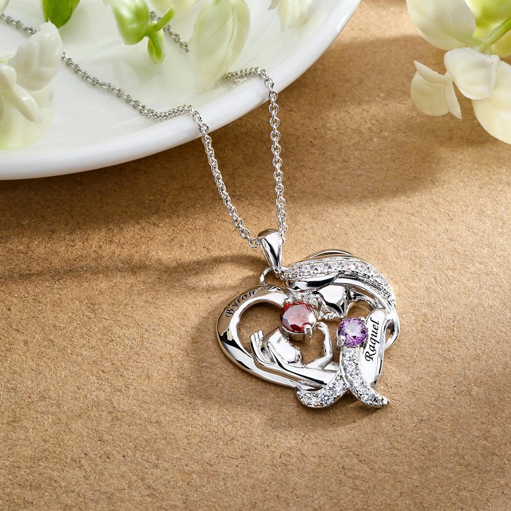 Engravable Mom And Baby Necklace With Birthstone Warm Gifts For Mom - NameNecklace