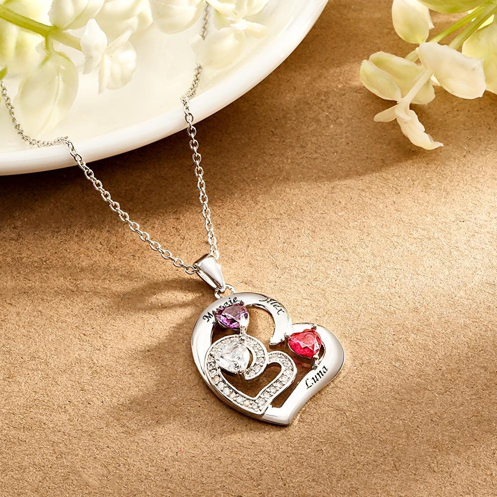 Personalized Heart Birthstone Necklace Charming Engraved Pendant Jewelry Gift For Her - NameNecklace