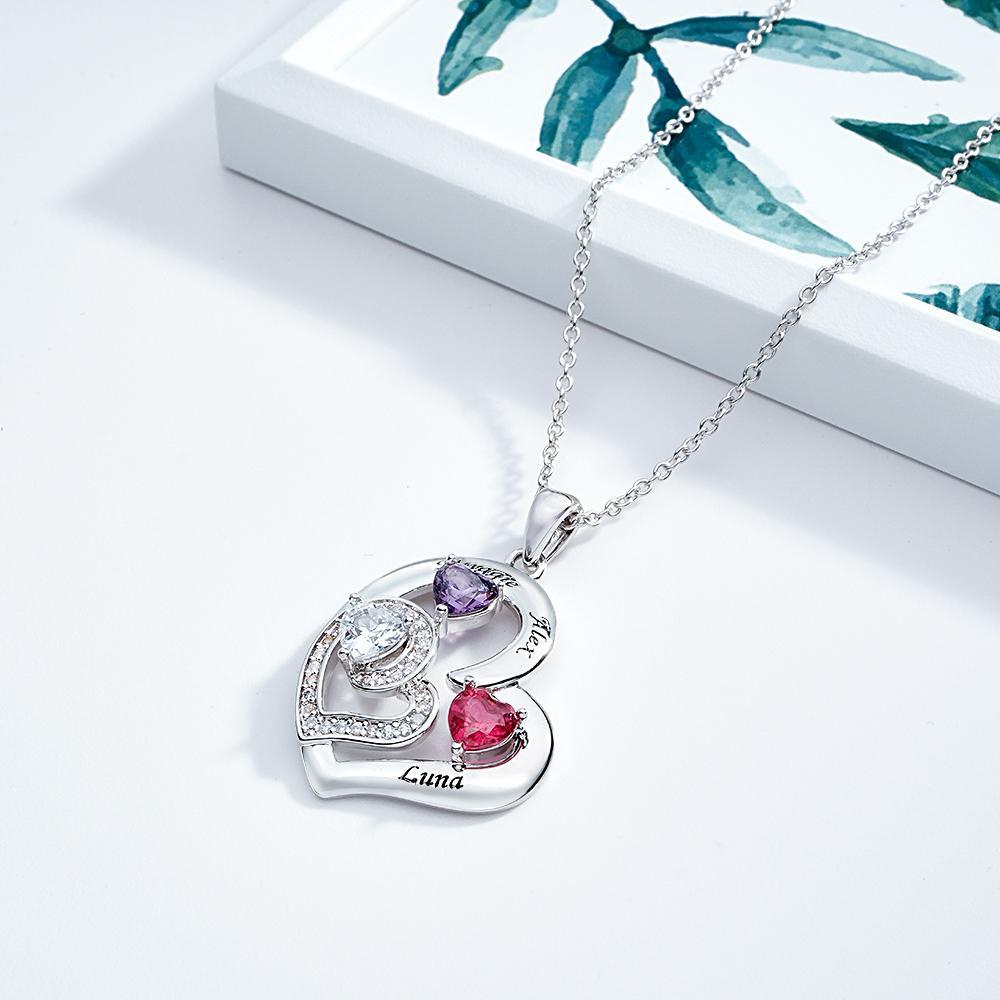 Personalized Heart Birthstone Necklace Charming Engraved Pendant Jewelry Gift For Her - NameNecklace