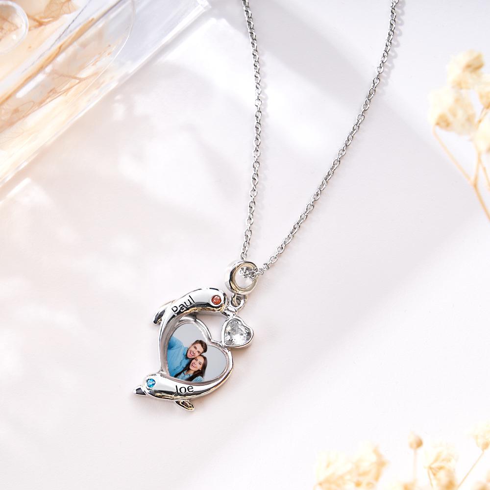 Personalized Photo Dolphin Birthstone Necklace Valentine's Day Gifts For Couples - NameNecklace