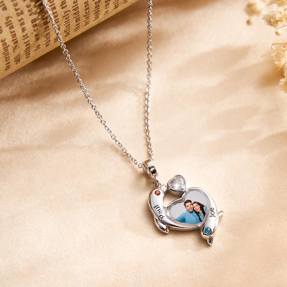 Personalized Photo Dolphin Birthstone Necklace Valentine's Day Gifts For Couples - NameNecklace